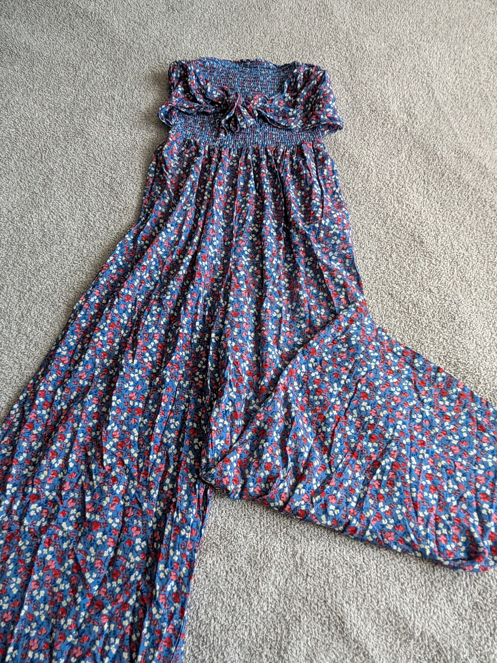 🌼B2G1🌼 Patrons of Peace Blue Multi Floral Strapless Smocked Jumpsuit